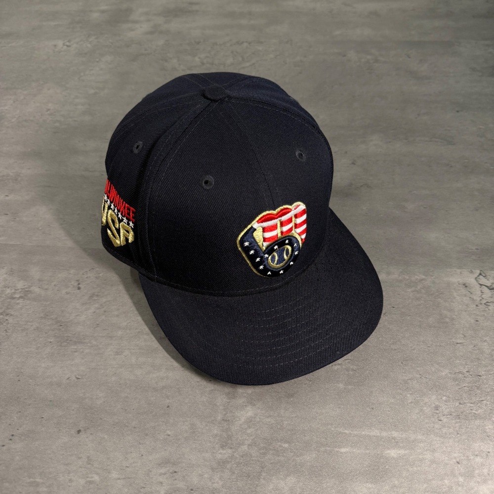 New Era Milwaukee Brewers Hat Mens 7 1/2 Navy USA Flag 2023 4th Of July‎ 59Fifty